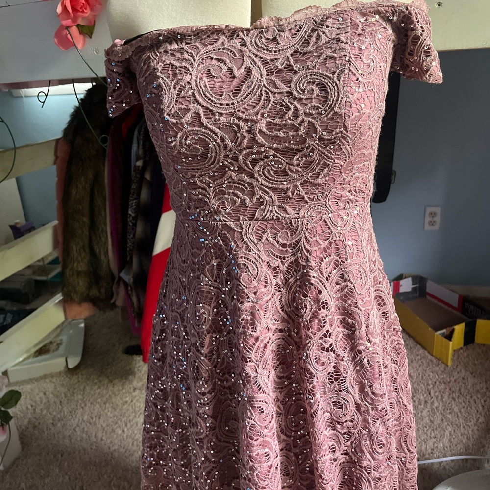 Lilac lace sequined off the shoulder formal dress/homecoming dress